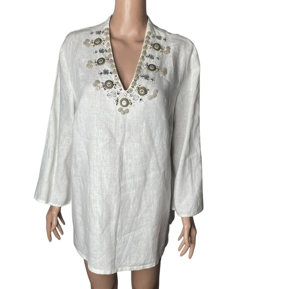 JM Collection Blouse Womens 16 Beaded White 100% Linen Pullover